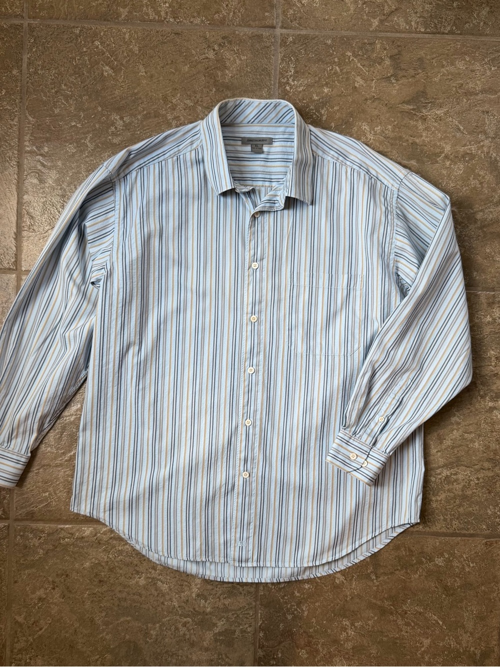 Johnston & Murphy Mens XL Button Down Shirt Striped Light Blue/Tan Long Sleeve